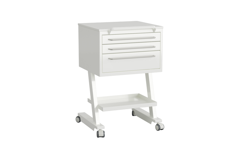 komfort table on wheels with three drawers and a shelf